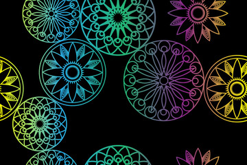 abstract floral rainbow circles on black background