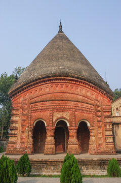 Beautiful ancient Chauchala Chhota Govinda Mandir in Puthia temple complex, Rajshahi district, Bangladesh with intricate terracotta carving