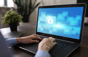 Play video button. Media player window on screen. Streaming. Marketing content strategy.