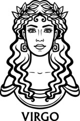 Zodiac sign Virgo. Fantastic princess, animation portrait. Vector monochrome illustration isolated on a white background.