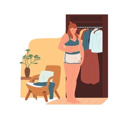 Sad woman standing near wardrobe and touching her belly. Female character with overweight upset about tummy and extra kilos. Flat vector illustration isolated on white background