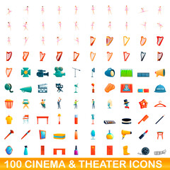 100 cinema and theater icons set. Cartoon illustration of 100 cinema and theater icons vector set isolated on white background