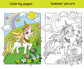 Unicorn walking on blooming meadow coloring book