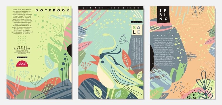 Spring banners and notebook covers designs. Kids illustration with singing bird and beautiful green landscapes. Vector cards, invitations and covers collection.