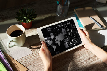 Business strategy concept. Control panel with icons and diagrams.
