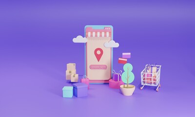 3D rendering flat illustration Online shopping store on mobile application of smartphone. Premium Photo
