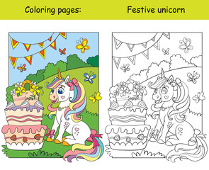 Cute unicorn celebrating a birthday coloring book © alinart