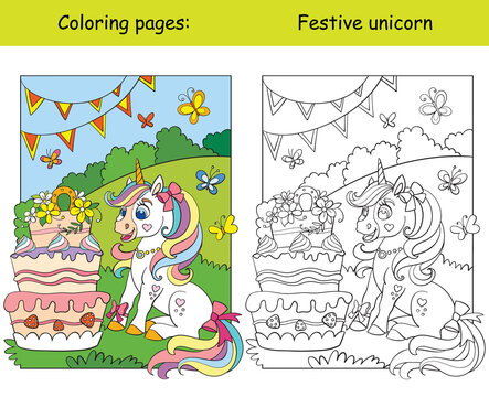 Cute unicorn celebrating a birthday coloring book