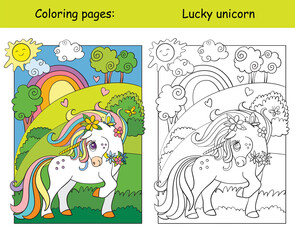 Cute unicorn on blooming meadow coloring book © alinart