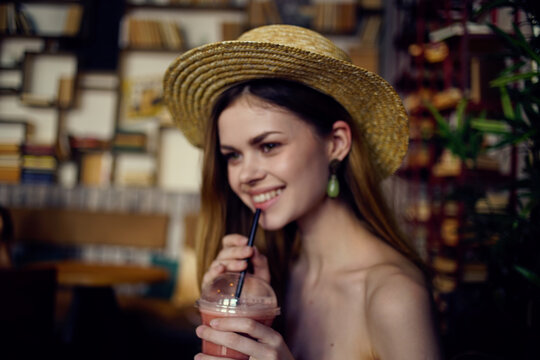 cheerful woman in hat cafe drink fresh charm relaxation