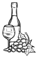 Wine bottle and glass, grapes, hand drawn vector