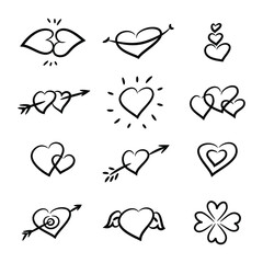 Vector set of hearts. Icons, sticker, postcard, valentine, wedding, invitation, congratulation, banner, apology. Hand drawn.