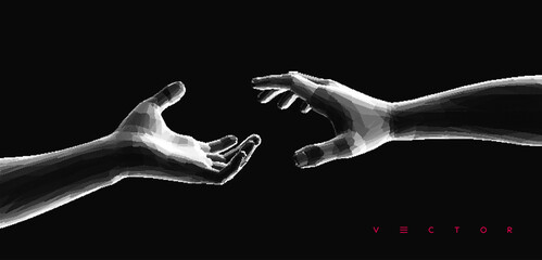 Naklejka premium Hands reaching towards each other. Concept of human relation, togetherness or partnership. 3D vector illustration. Can be used for advertising, marketing or presentation.