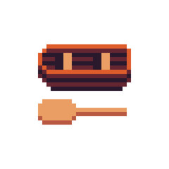 Fototapeta premium Wooden boat and paddle icon. Pixel art. Game assets. 8-bit. Isolated abstract vector illustration.