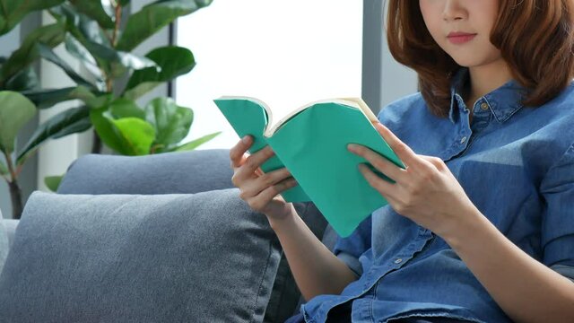 Relax asian woman reading book sitting on sofa in living room holding book to read. Young woman relaxation reader reading open book leisure mind. Happiness beauty woman person smiling face happy time