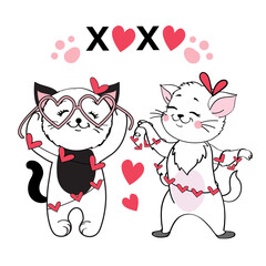 Cute valentine cats couple hold hearts. Vector illustration of doodle funny animals. Valentine's day card