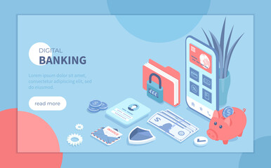 Fototapeta na wymiar Digital Banking Online Services. Mobile banking and accounting platform. Online financial operations, payment, shopping. Isometric vector illustration for banner, website.