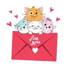 Cute valentine kittens holding a love message with an inscription for you isolated. Valentines day card