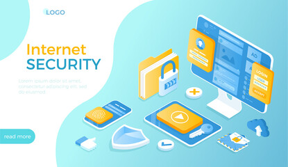 Internet security, Payment security, Personal data protection, safety confidentiality. User login form, shield, key, lock. Isometric vector illustration for website.
