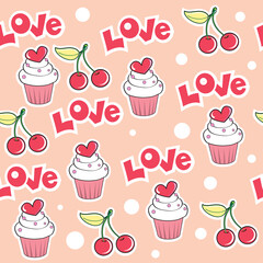 Lettering love and cake for valentine's day seamless pattern. Vector illustration. Fashion stickers