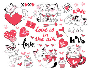 Doodle kittens for valentine's day collection. Hand drawn set funny animals. Vector illustration of funny stickers