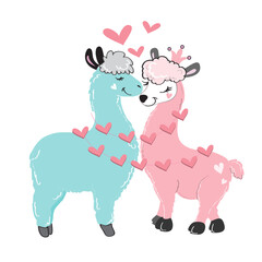 Two cute llamas in love. Valentine's day concept. vector cartoon illustration funny animals