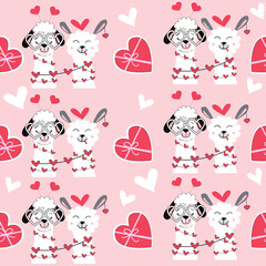 Valentine llama and love hearts seamless pattern. Vector illustration of funny animals. Valentines day concept on a pink background