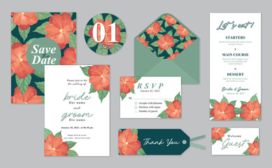 Orange color flower background template on dark green background. Vector set of floral element for wedding invitations, greeting card, envelope, voucher, brochures and banners design.