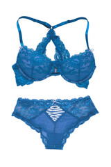 Bra and panties isolated. Close-up of a beautiful feminine stylish blue bra and a luxurious elegant...