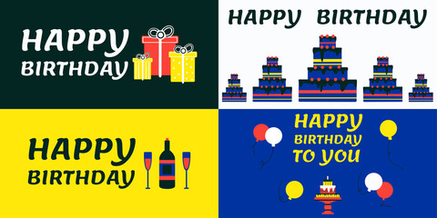 Happy birthday banner set. Vector illustration with text, cakes, balls, gifts, on a solid background. Suitable for social media, mobile apps, marketing materials.