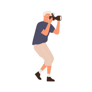 Side view of professional male photographer holding digital photo camera and taking pictures. Modern man focusing and making shots. Colorful flat vector illustration isolated on white background