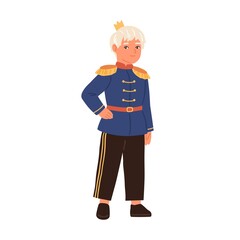 Fototapeta na wymiar Cute fairytale prince with golden crown isolated on white background. Little boy dressed in military king outfit for costumed carnival or kids theatrical play. Colorful flat vector illustration