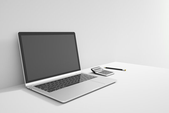 modern Minimal workspace with Laptop, Pens, Calculator. work from home concept. 3d rendering.