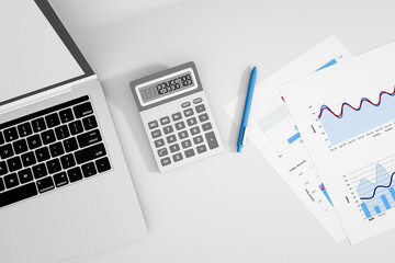 Obraz premium Workplace with financial charts, laptop, calculator and pen on the desk. 3d rendering.