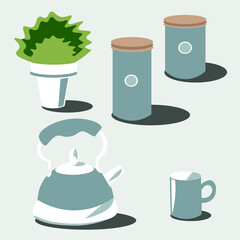 Dishes, tea, coffee, containers for cookies and cereals. Flower in a pot. Teapot and mug. Vector isolated images.