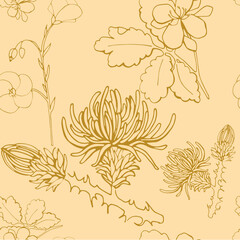Hand drawn herbal and vintage pattern with flax, calendula and thistle