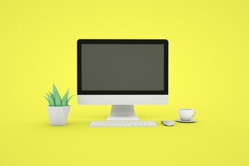 Monitor with keyboard, computer mouse, green plant, coffee on yellow background. 3d rendering