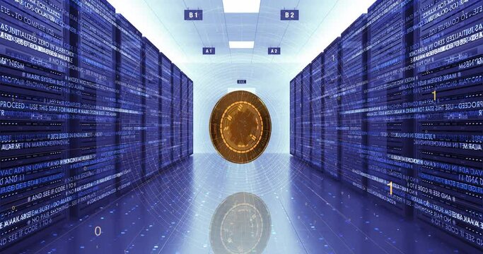Golden Bitcoin Cryptocurrency Mining In Progress. High Tech Server Room. Technology And Business Related 3D Animation.