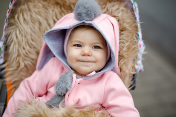 Cute little beautiful baby girl sitting in the pram or stroller on autumn day. Happy smiling child...