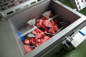 Sausage making process, mincer mince meat