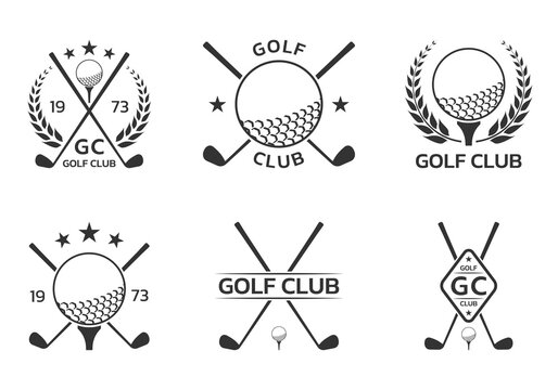 Golf club logo, badge or icon set with crossed golf clubs and ball on tee. Vector illustration. 