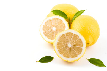 Yellow Lemon citrus half slices with leaf isolated on white background