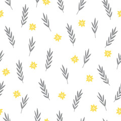 Seamless pattern with flowers and branches. Illuminating Yellow, Ultimate Grey