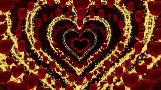 Holiday 3d background with tunnel with golden and red hearts