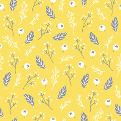 Seamless pattern with leaves, berries, branches, herbs. Illuminating, Ultimate Grey