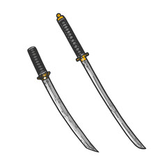 Japanese sword Katana and Wakizashi color sketch engraving vector illustration. T-shirt apparel print design. Scratch board style imitation. Hand drawn image.