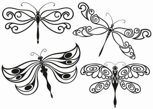 Dragonfly silhouette icons set. Vector Illustrations.