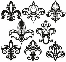 Royal Lily symbol in different variations on a white isolated background.