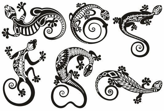 Set of stylized lizard. Collection of decorative silhouettes of reptiles. 