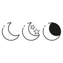 Night crescent moon and stars. Thin line icons for web, applications and design. Minimalistic flat style.